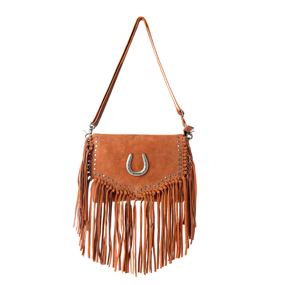 Lucky Charm Leather Bag for Women in Brown with fringe and horseshoe detail - Myra USA
