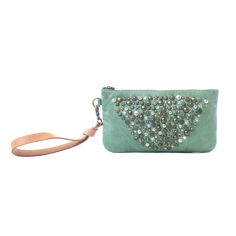 Myra Empire Green Studded Wash Leather Pouch in Desert Olive - Myra USA