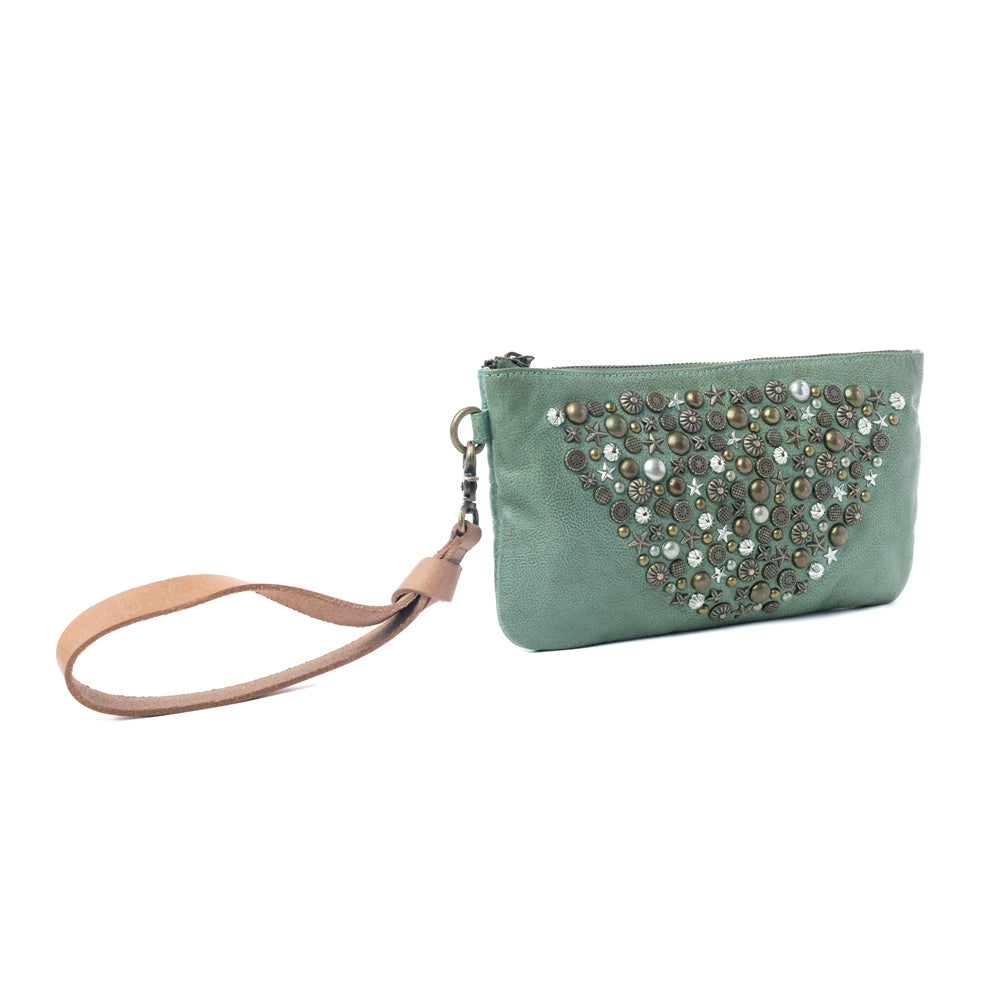 Myra Empire Green Studded Wash Leather Pouch in Desert Olive - Myra USA