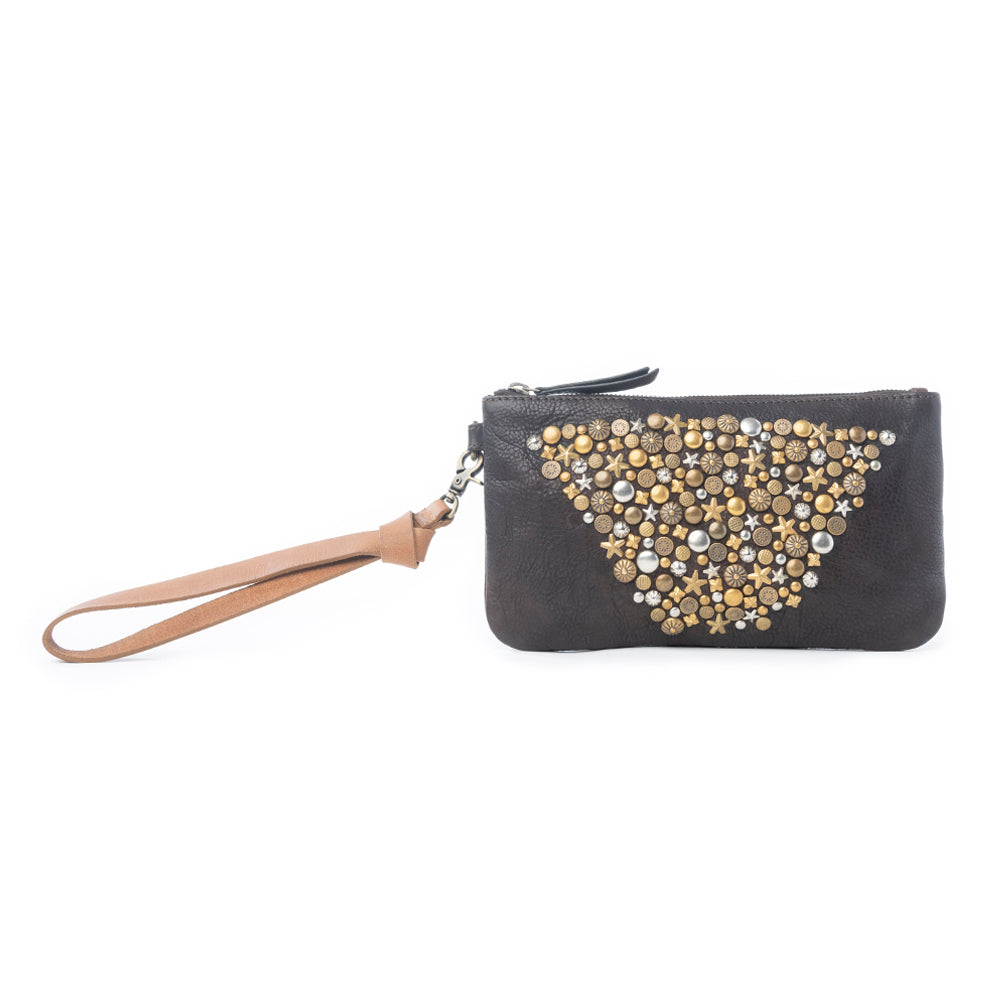 Myra Gold Halo Studded Wash Leather Pouch in Antique Black