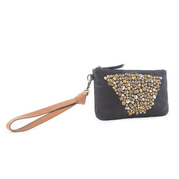 Myra Gold Halo Studded Wash Leather Pouch in Antique Black - Myra USA