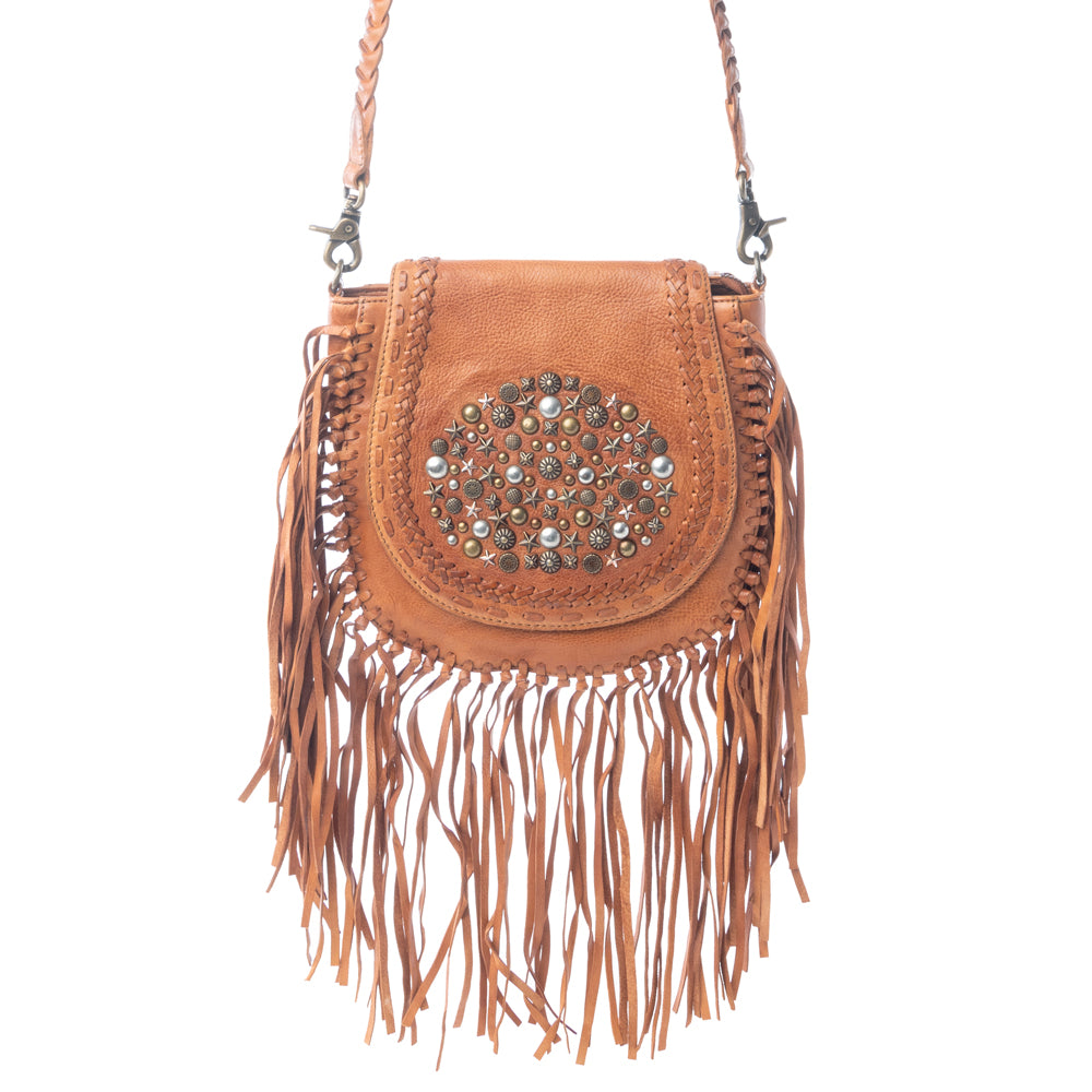 Myra Festival Ember Studded Leather Bag with Fringes in Western Clay - Myra USA