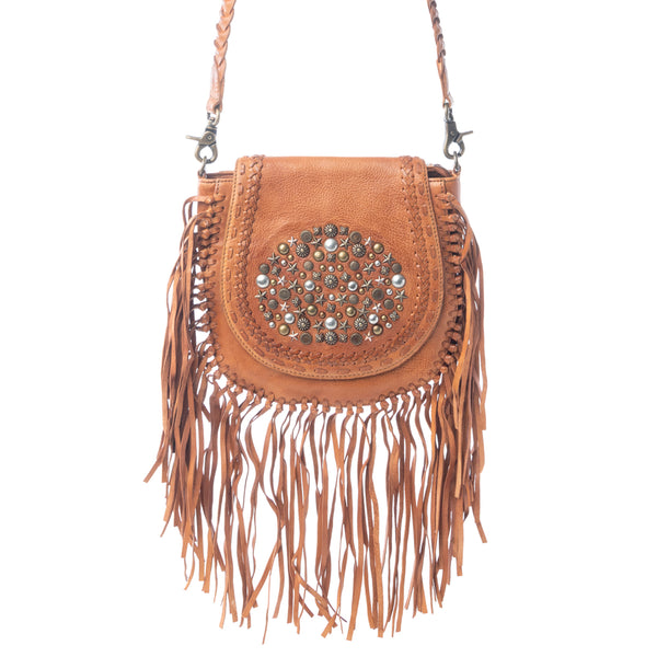 Myra Festival Ember Studded Leather Bag with Fringes in Western Clay - Myra USA