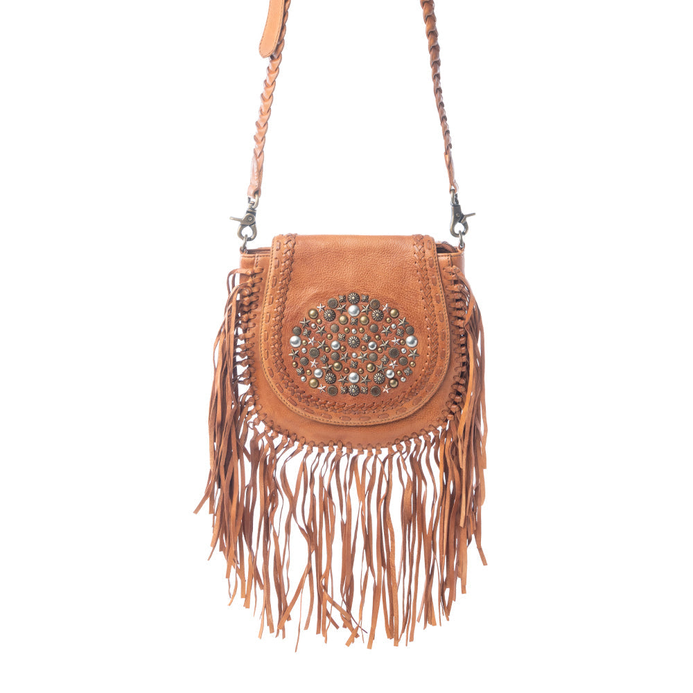 Myra Festival Ember Studded Leather Bag with Fringes in Western Clay