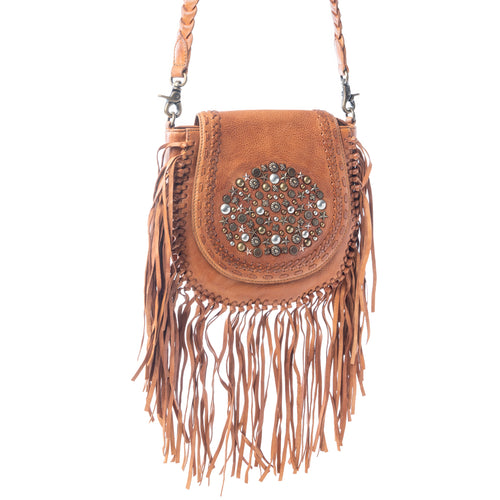 Myra Festival Ember Studded Leather Bag with Fringes in Western Clay - Myra USA