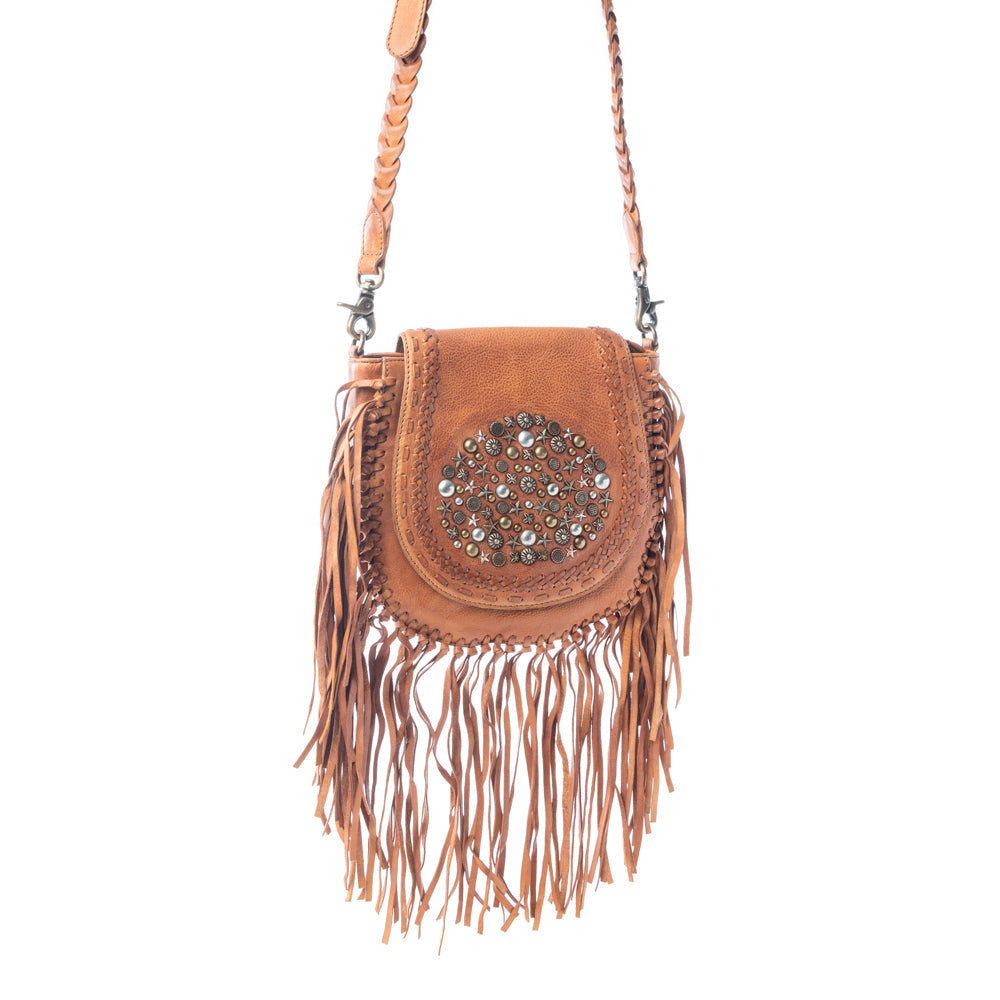 Myra Festival Ember Studded Leather Bag with Fringes in Western Clay