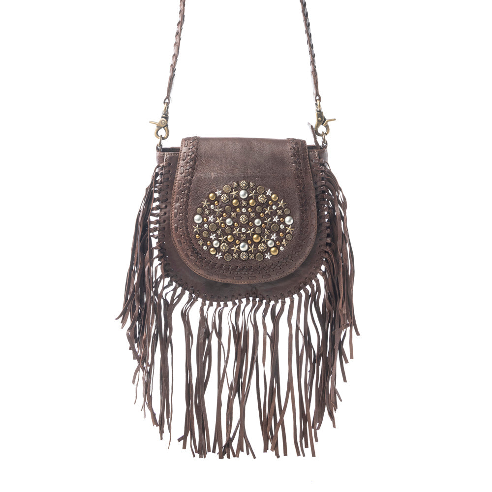 Myra Luna Belle Studded Leather Bag with Fringes in Maverick Mocha