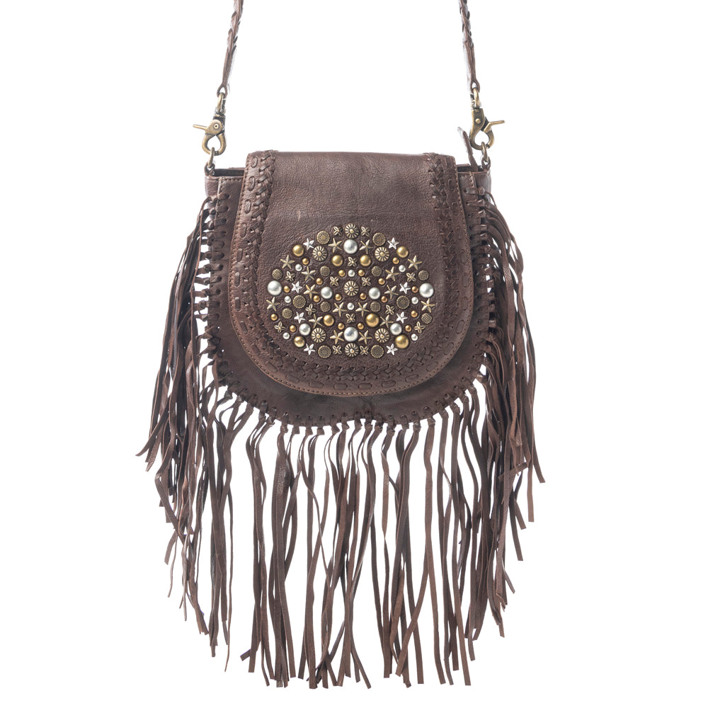 Myra Luna Belle Studded Leather Bag with Fringes in Maverick Mocha - Myra USA