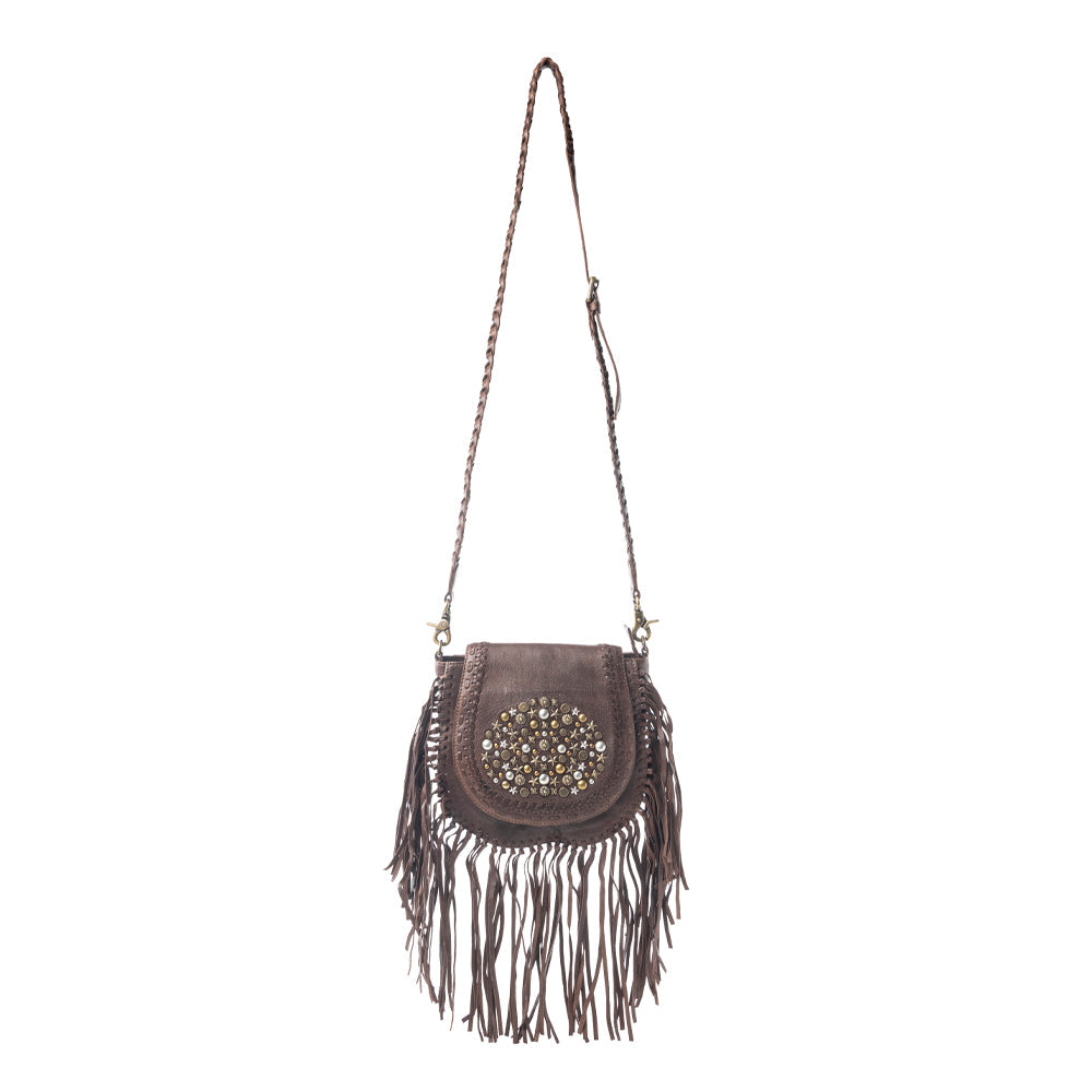 Myra Luna Belle Studded Leather Bag with Fringes in Maverick Mocha