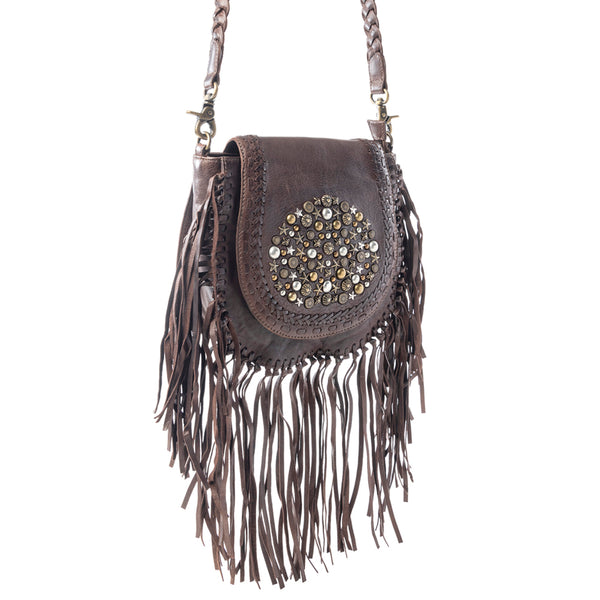 Myra Luna Belle Studded Leather Bag with Fringes in Maverick Mocha - Myra USA
