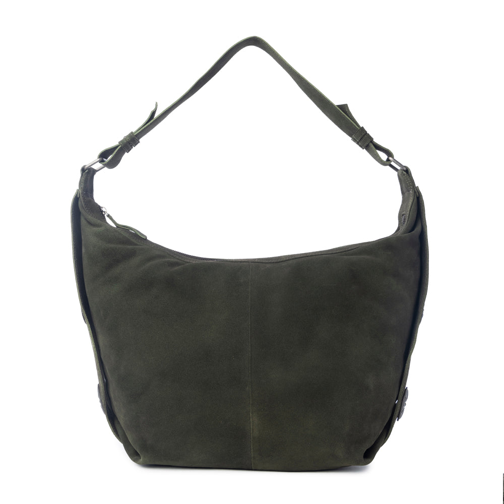 Myra Hunter’s Grove Suede Leather Shoulder Bag in Ranch Olive