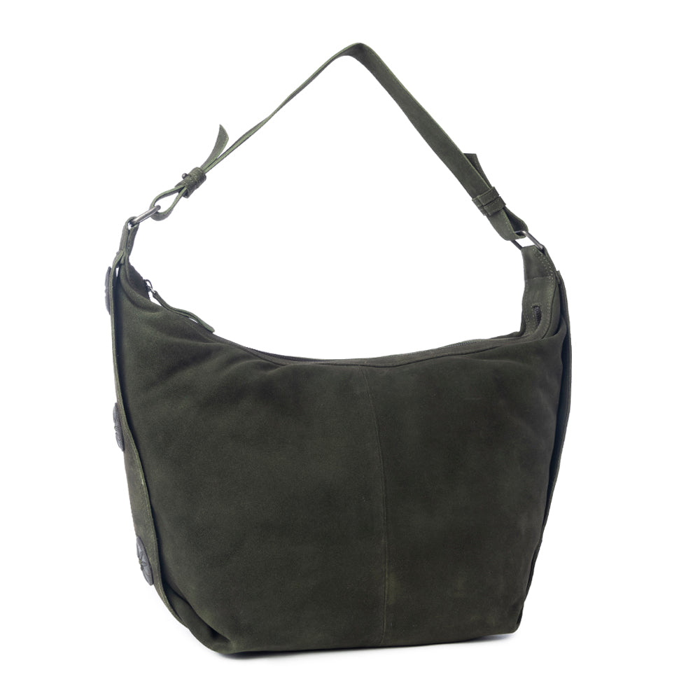 Myra Hunter’s Grove Suede Leather Shoulder Bag in Ranch Olive
