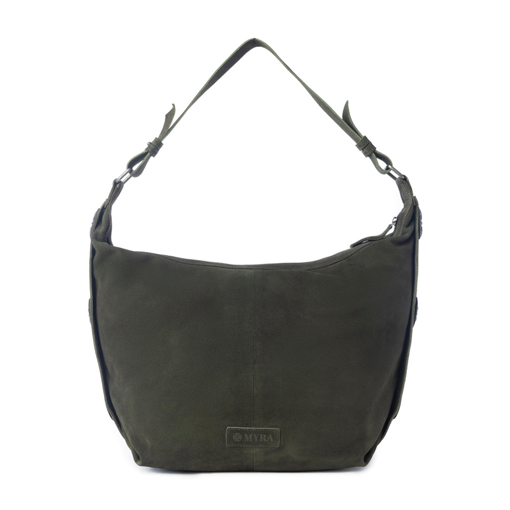 Myra Hunter’s Grove Suede Leather Shoulder Bag in Ranch Olive