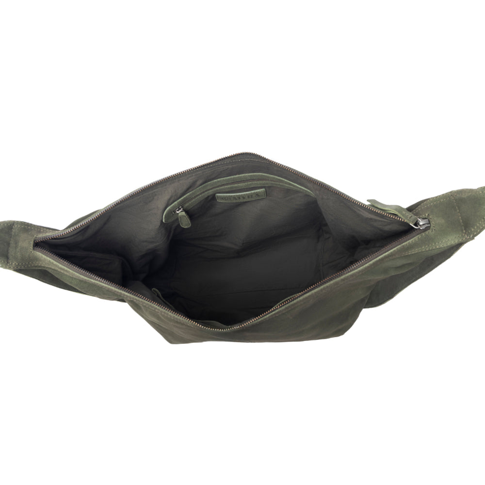 Myra Hunter’s Grove Suede Leather Shoulder Bag in Ranch Olive