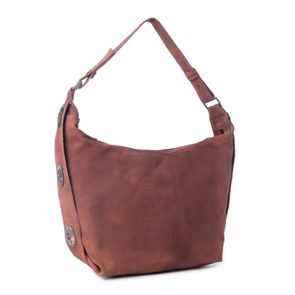 Myra Paradise Valley Suede Leather Shoulder Bag in Auburn Brown