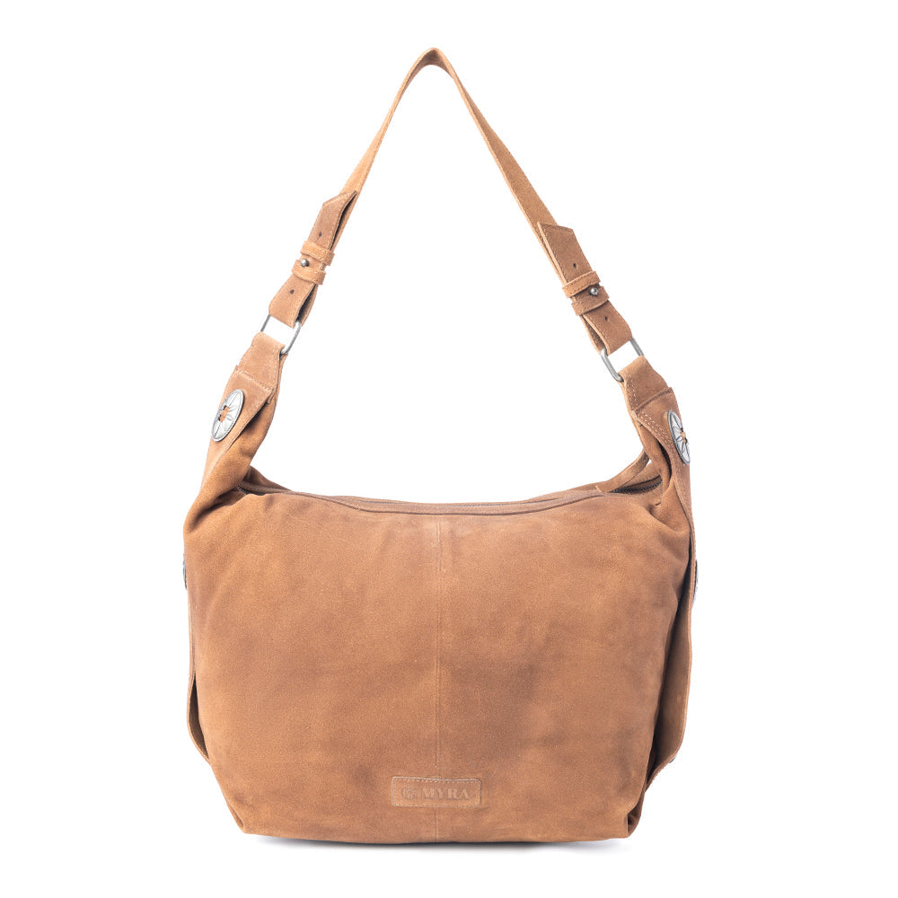 Myra Rustwood Suede Leather Shoulder Bag in Oak Brown