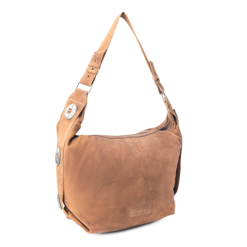 Myra Rustwood Suede Leather Shoulder Bag in Oak Brown