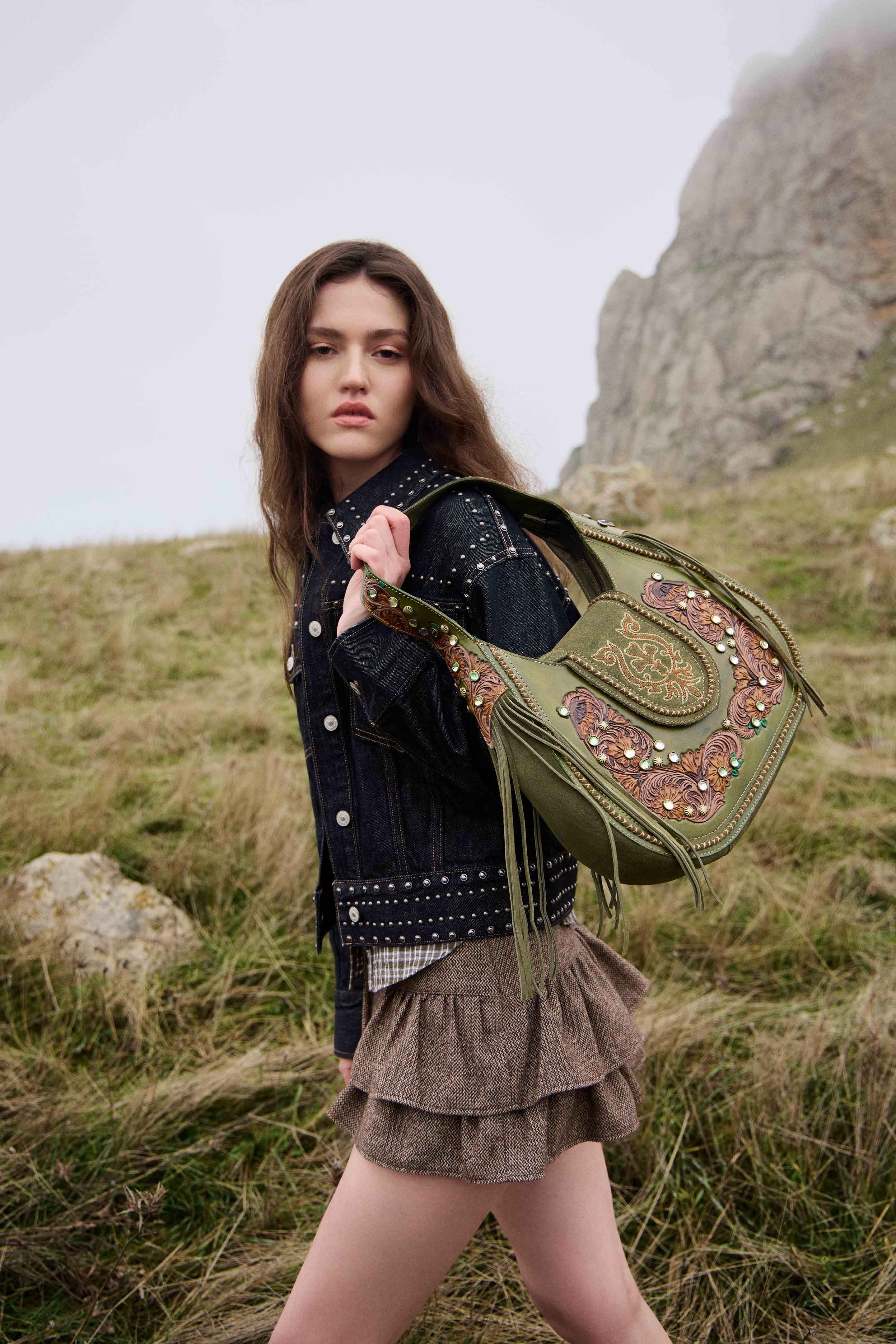 Myra Sierra Grove Handtooled Leather Bag in Western Fern