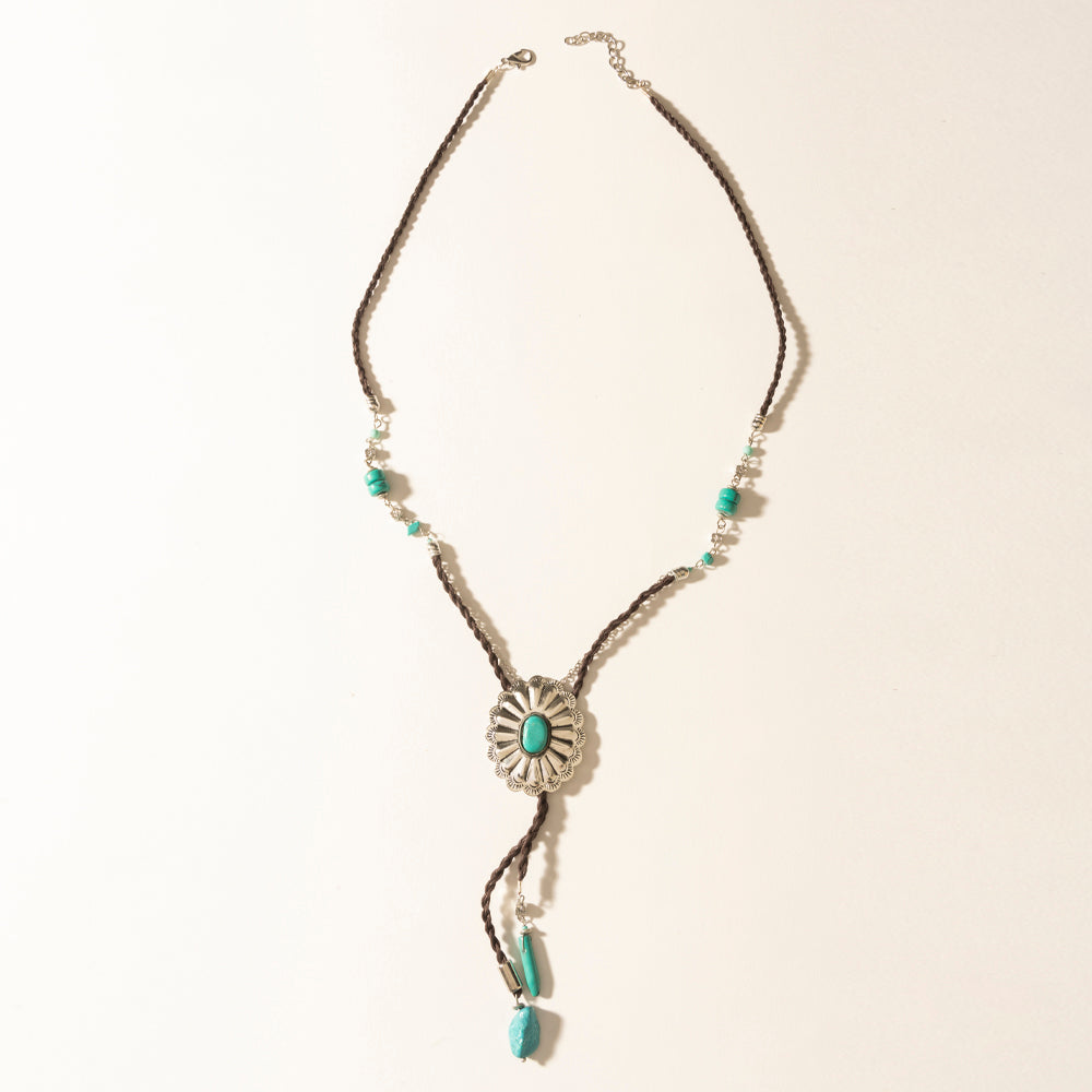 Myra Desert Concho Leather Long Drop Necklace in Sierra Turquoise - Myra USA