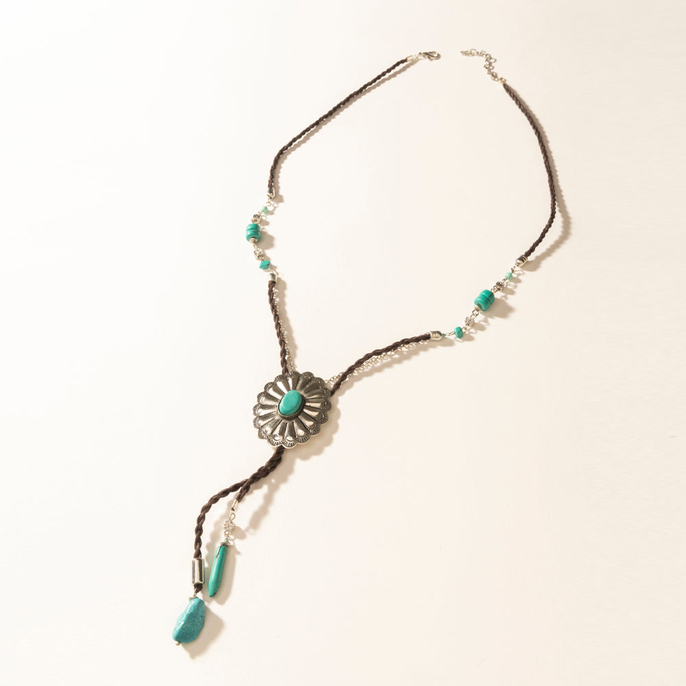 Myra Desert Concho Leather Long Drop Necklace in Sierra Turquoise - Myra USA