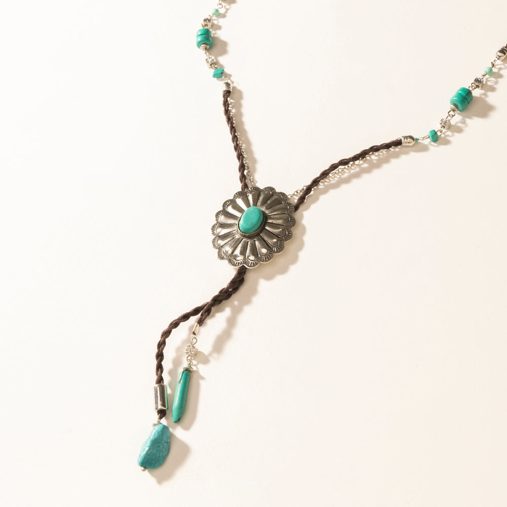 Myra Desert Concho Leather Long Drop Necklace in Sierra Turquoise - Myra USA