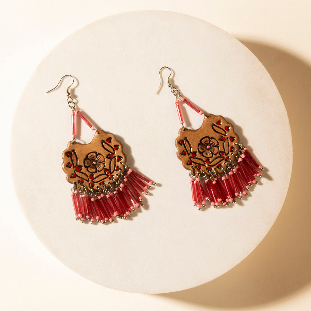 Myra Handtooled Carnival Bloom Fringe Earrings in Ember Pink - Myra USA