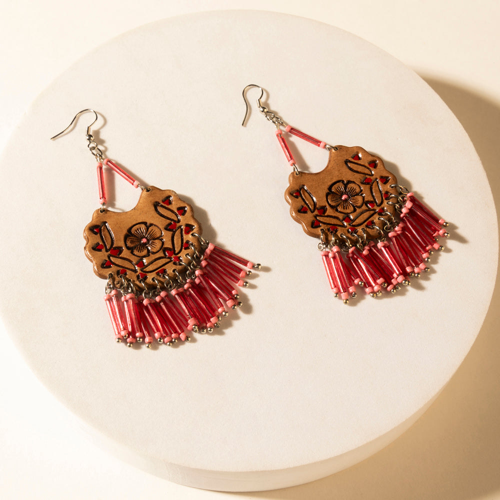 Myra Handtooled Carnival Bloom Fringe Earrings in Ember Pink - Myra USA