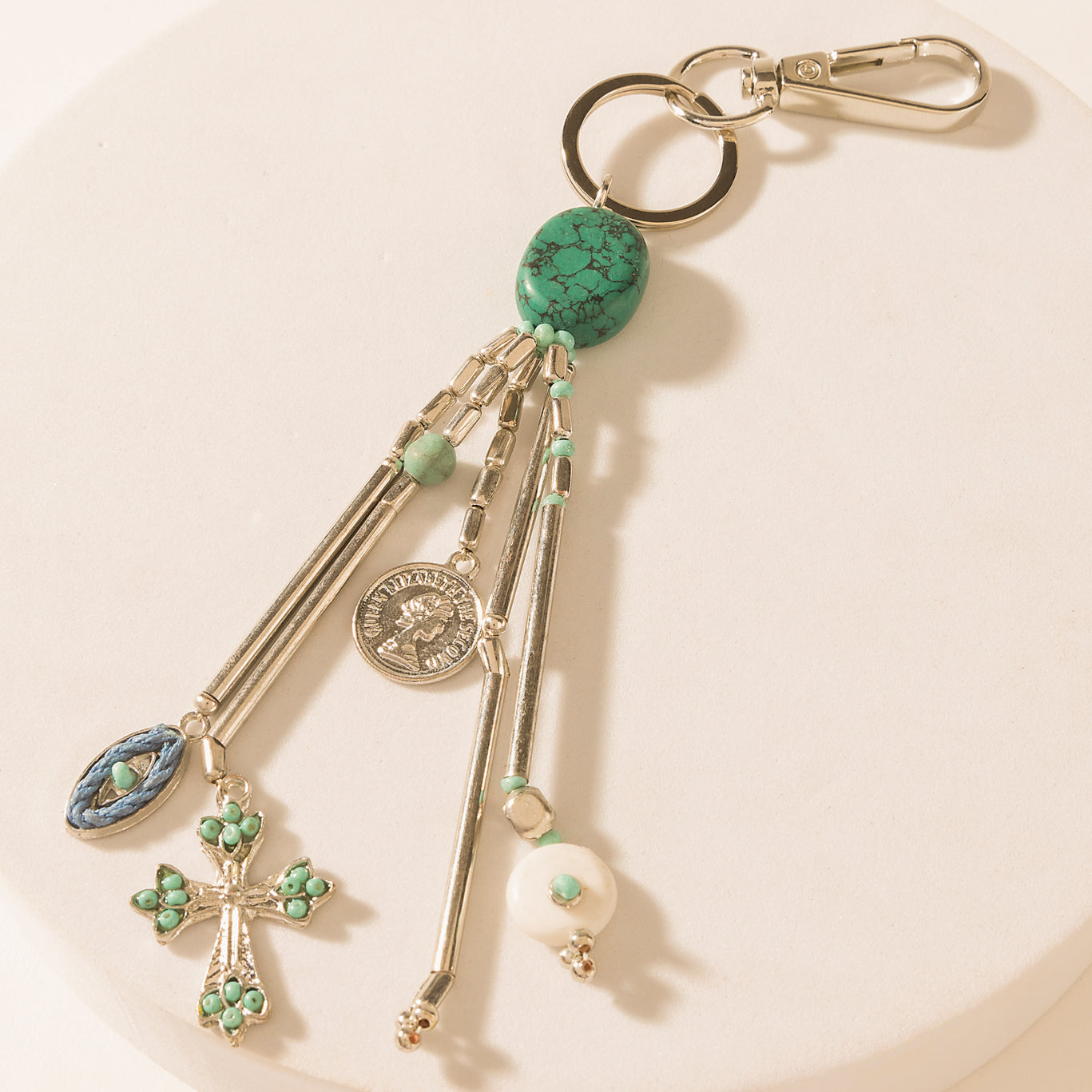 Myra Blue Oval Charm Keychain in Aqua Silver