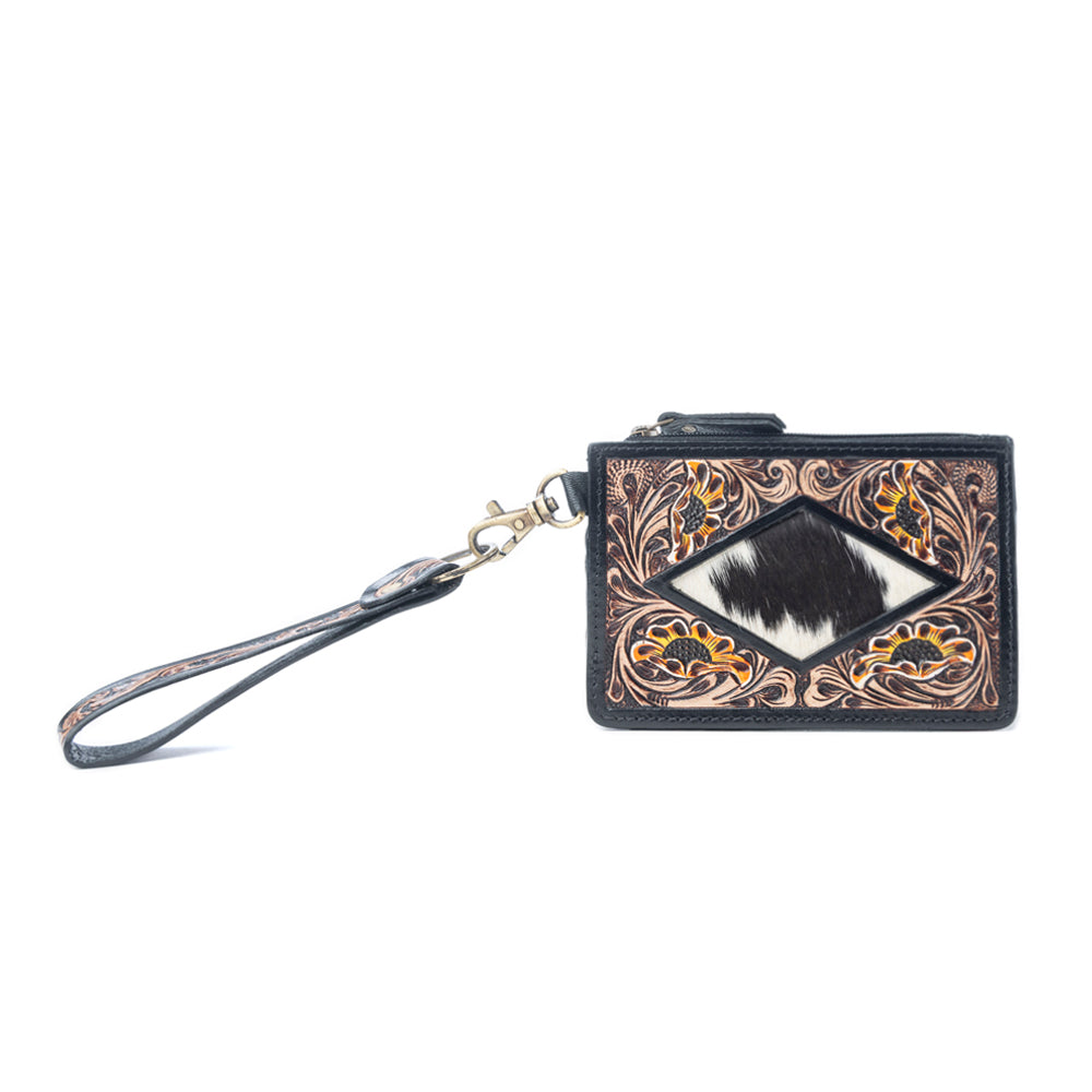 Myra Lone Eclipse Handtooled Hairon Leather Card Holder in Saddle Storm
