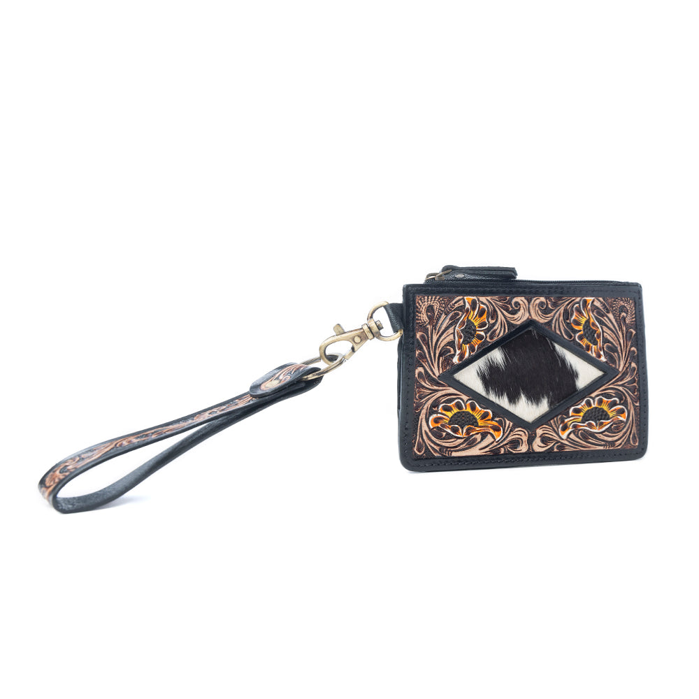 Myra Lone Eclipse Handtooled Hairon Leather Card Holder in Saddle Storm