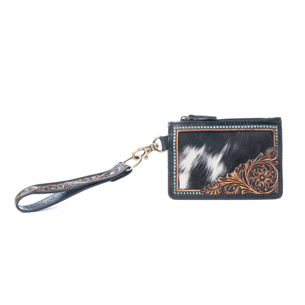 Myra Apache Twilight Handtooled Hairon Leather Card Holder in Midnight Hide - Myra USA