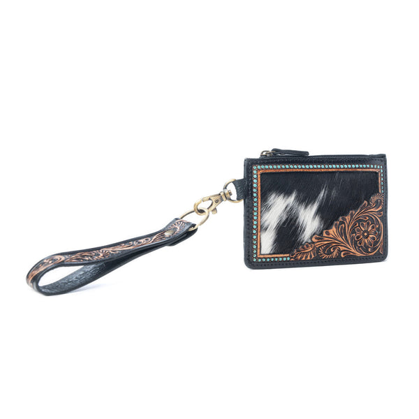 Myra Apache Twilight Handtooled Hairon Leather Card Holder in Midnight Hide - Myra USA