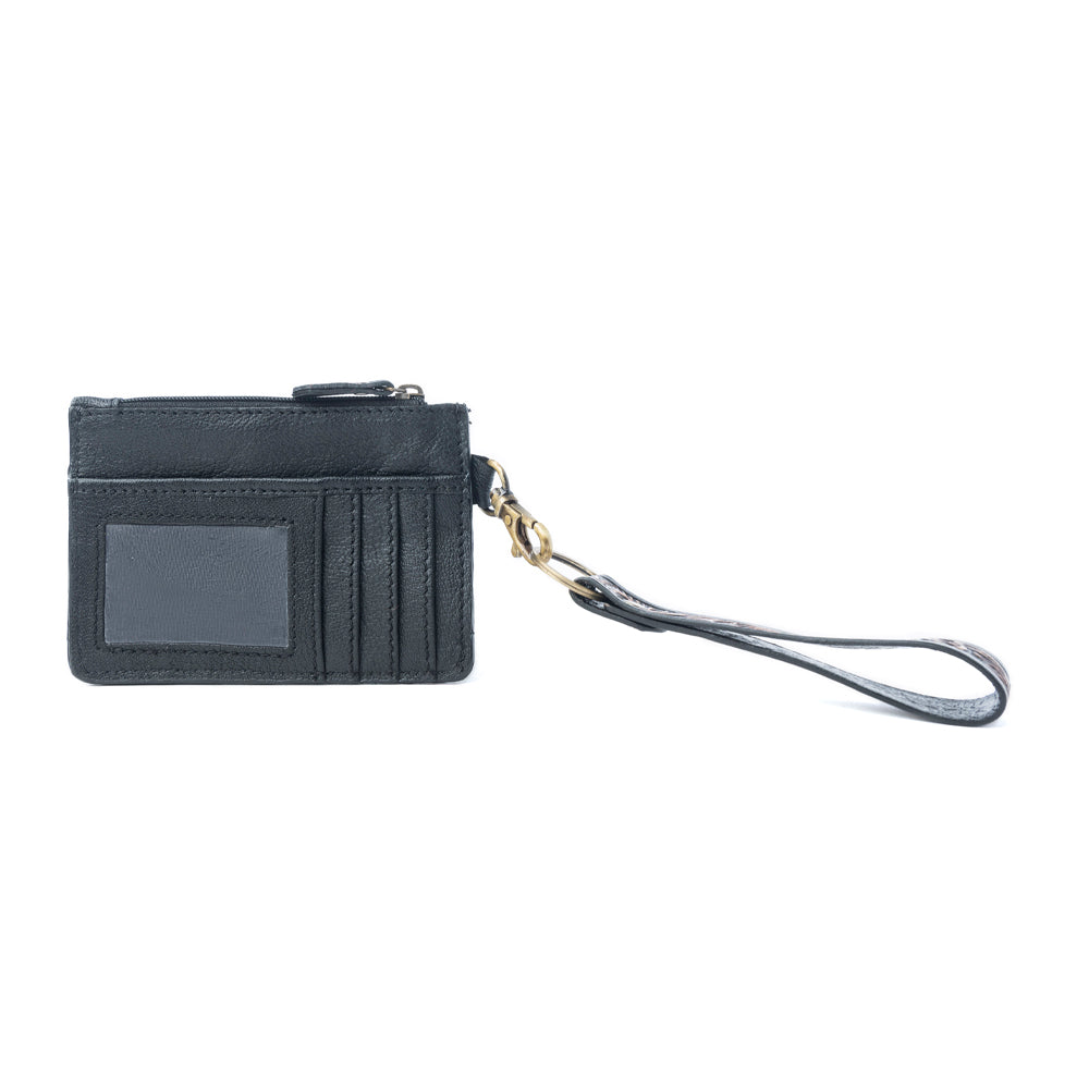 Myra Apache Twilight Handtooled Hairon Leather Card Holder in Midnight Hide