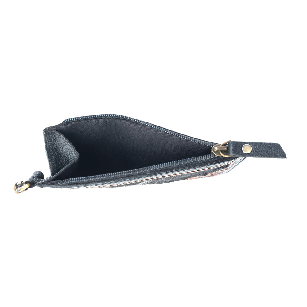 Myra Apache Twilight Handtooled Hairon Leather Card Holder in Midnight Hide