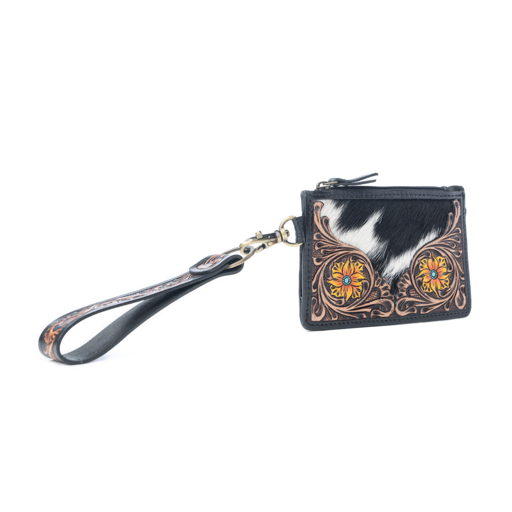 Myra Wildflower Mesa Handtooled Hairon Leather Card Holder In Prairie Amber