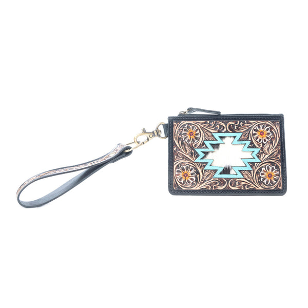 Myra Navajo Sky Handtooled Hairon Leather Card Holder in Antique Brown - Myra USA