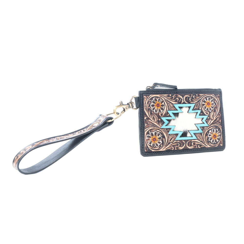 Myra Navajo Sky Handtooled Hairon Leather Card Holder in Antique Brown