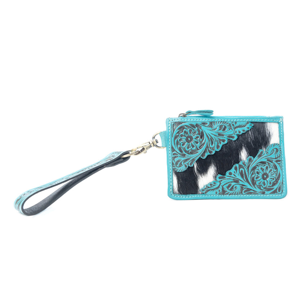 Myra Sage River Handtooled Hairon Leather Card Holder in Frontier Aqua - Myra USA