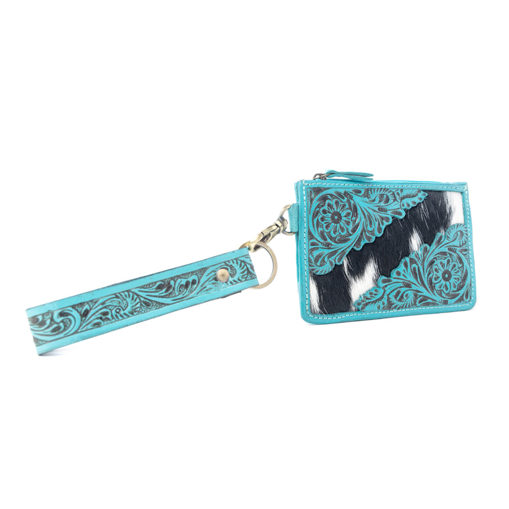 Myra Sage River Handtooled Hairon Leather Card Holder in Frontier Aqua