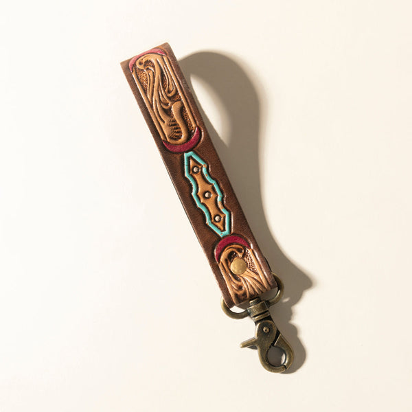 Myra Skyland Stitch Handtooled Leather Keyfob in Cactus Blue - Myra USA