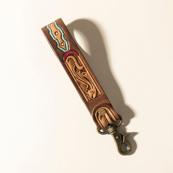 Myra Skyland Stitch Handtooled Leather Keyfob in Cactus Blue - Myra USA