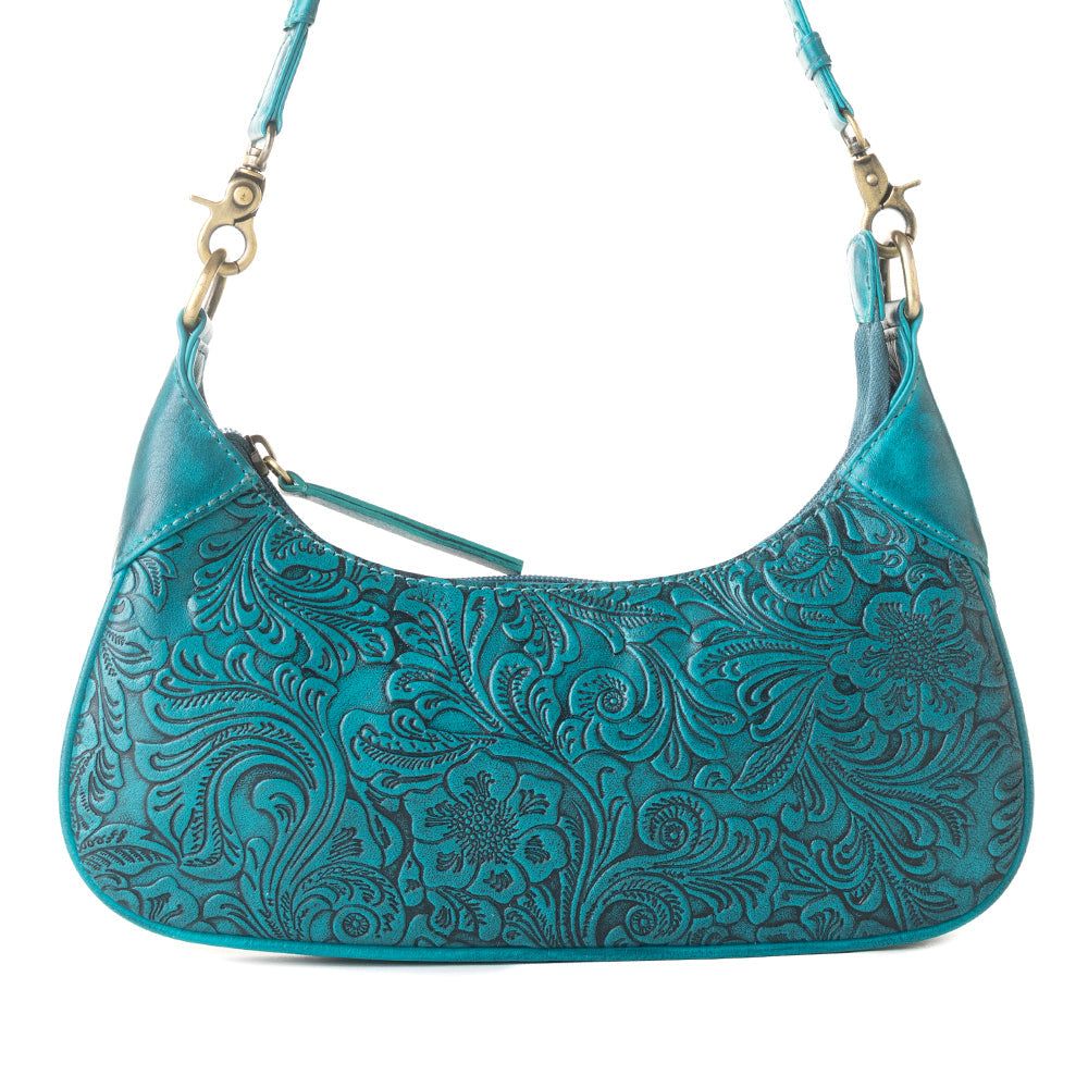 Heritage Vine Embossed Leather Bag for Women in turquoise with shoulder strap - Myra USA