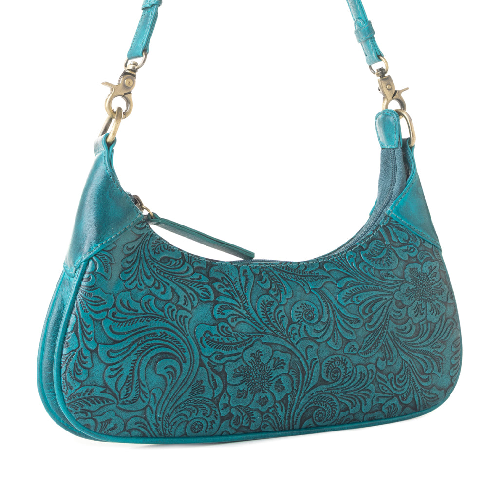 Heritage Vine Embossed Leather Bag for Women in turquoise with shoulder strap - Myra USA