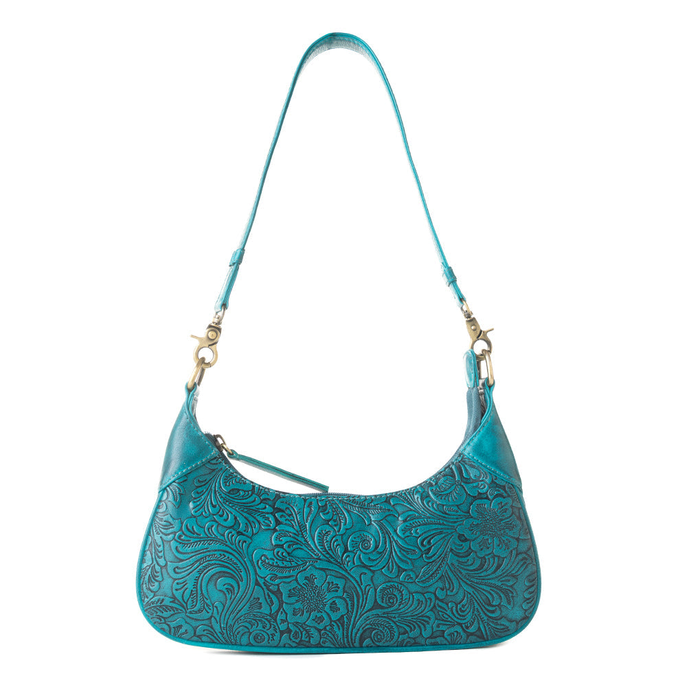 Heritage Vine Embossed Leather Bag for Women in turquoise with shoulder strap - Myra USA