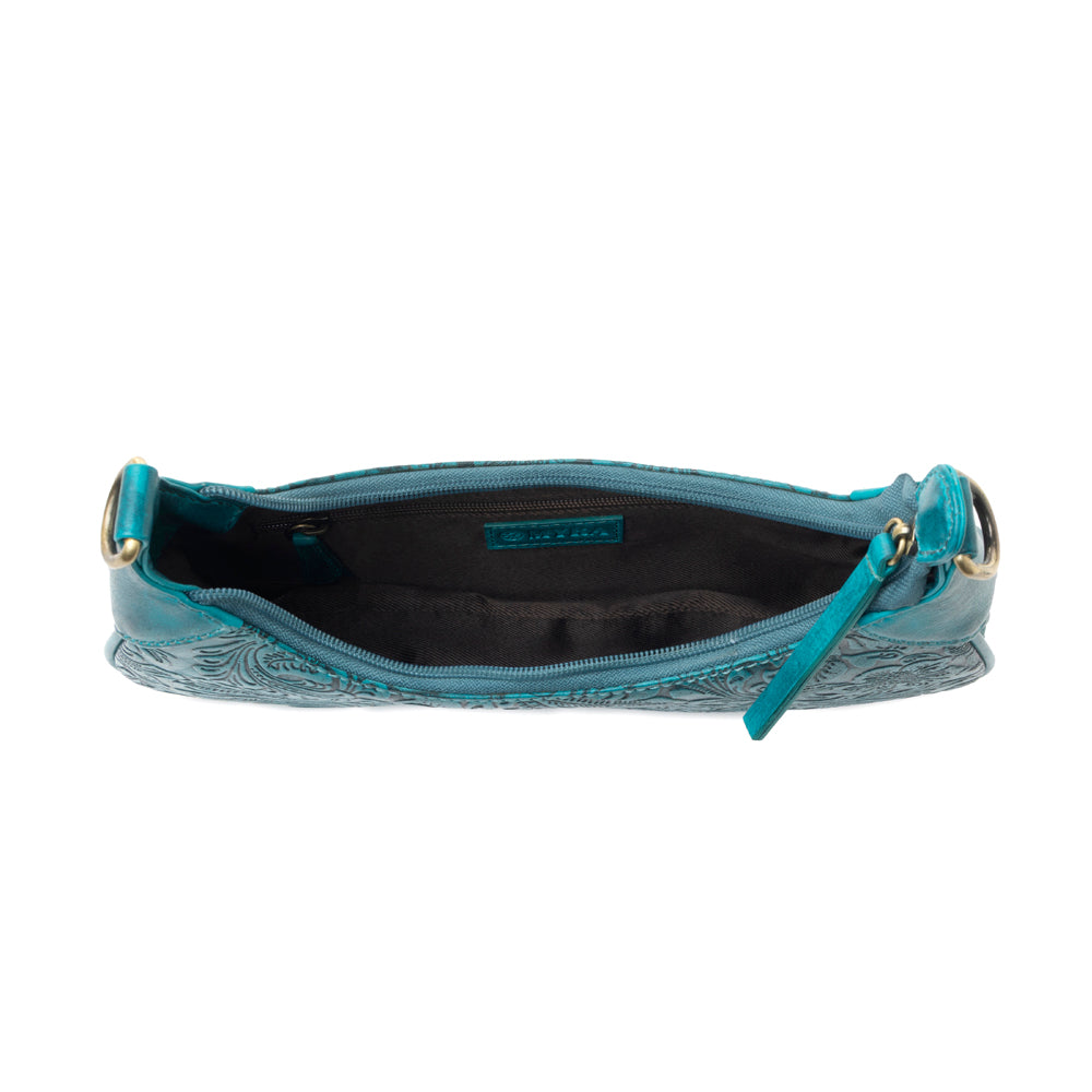 Heritage Vine Embossed Leather Bag for Women in turquoise with shoulder strap - Myra USA
