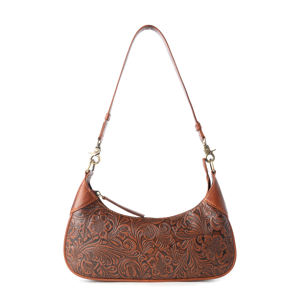 Heritage Vine Embossed Leather Bag for Women in Brown with shoulder strap - Myra USA