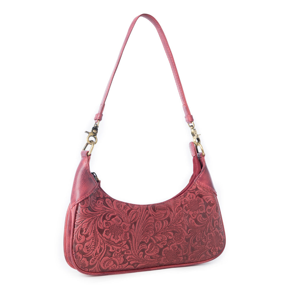 Heritage Vine Embossed Leather Bag for Women in Red with shoulder strap - Myra USA