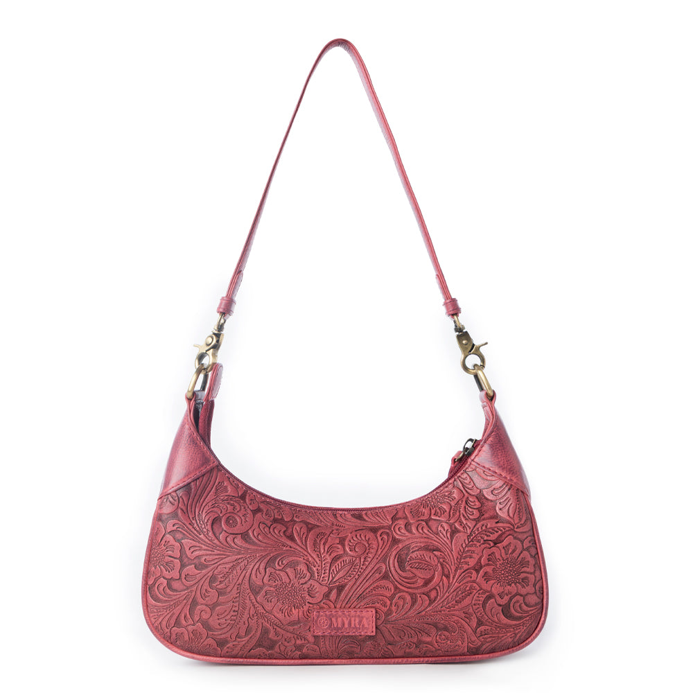 Heritage Vine Embossed Leather Bag for Women in Red with shoulder strap - Myra USA