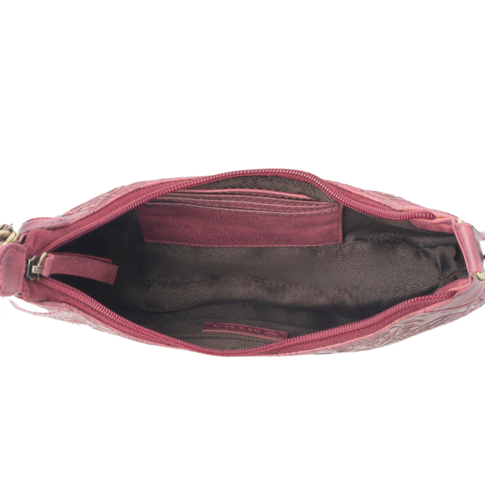 Heritage Vine Embossed Leather Bag for Women in Red with shoulder strap - Myra USA