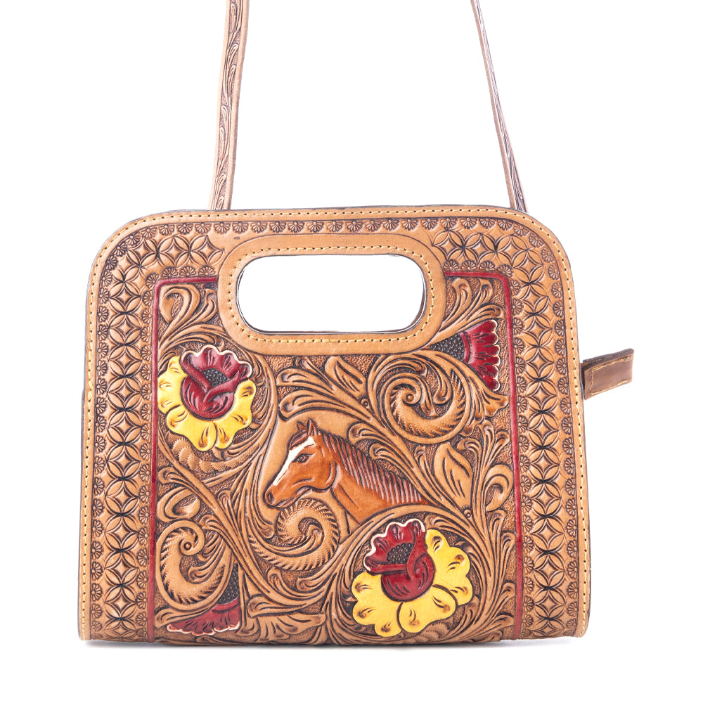 Myra Spirit Bloom Handtooled Leather Bag in Aged Mahogany